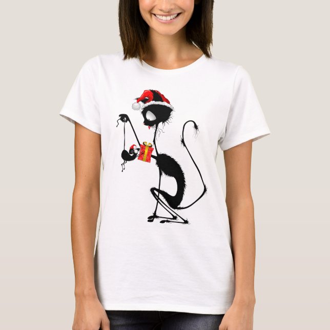 Cat Santa und Maus mit Weihnachtsgeschenk T-Shirt (Vorderseite)