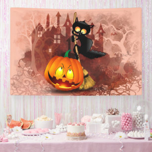 Cat Scared by Pumpkin Fun Halloween Charakter Banner