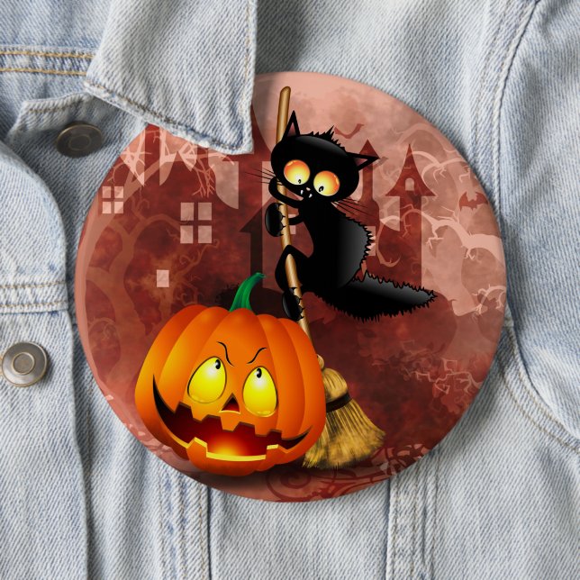Cat Scared by Pumpkin Fun Halloween Charakter Button (Beispiel)