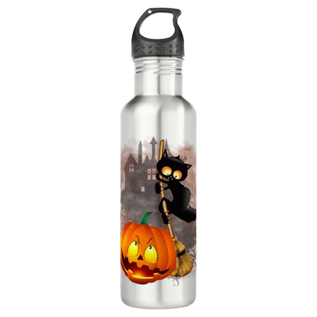Cat Scared by Pumpkin Fun Halloween Charakter Edelstahlflasche (Vorderseite)