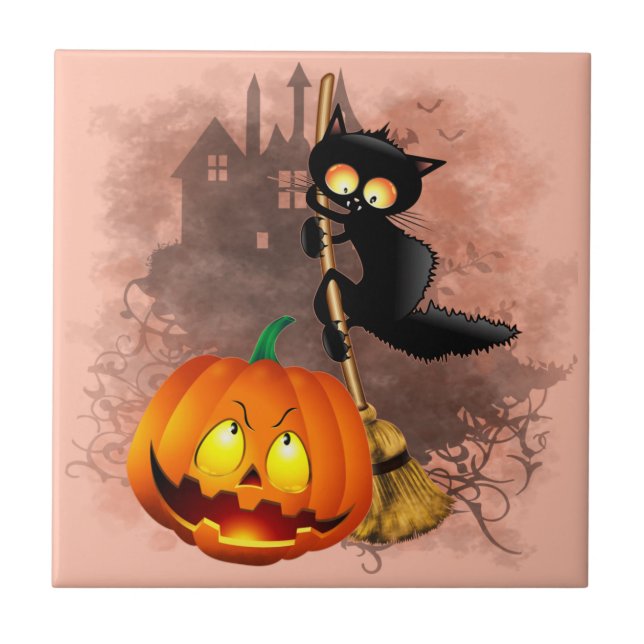 Cat Scared by Pumpkin Fun Halloween Charakter Fliese (Vorderseite)