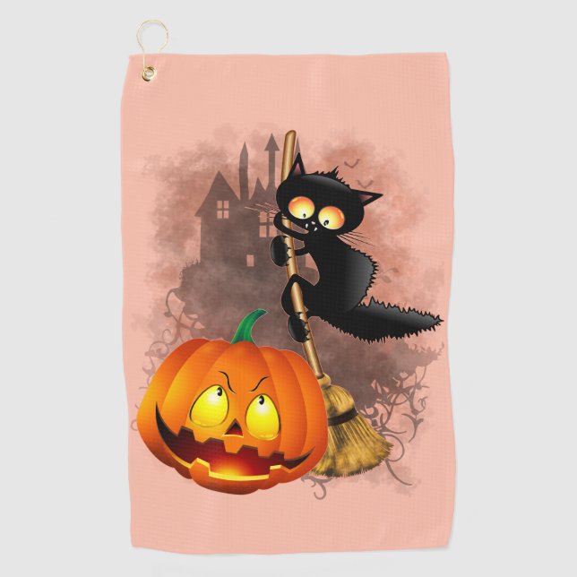 Cat Scared by Pumpkin Fun Halloween Charakter Golfhandtuch (Vorderseite)
