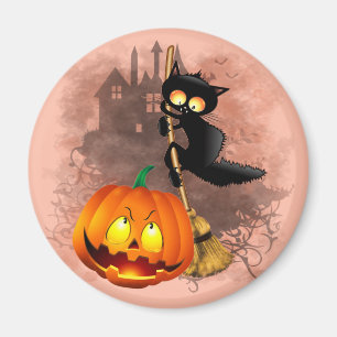 Cat Scared by Pumpkin Fun Halloween Charakter Magnet