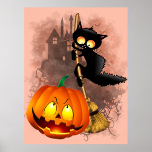 Cat Scared by Pumpkin Fun Halloween Charakter Poster