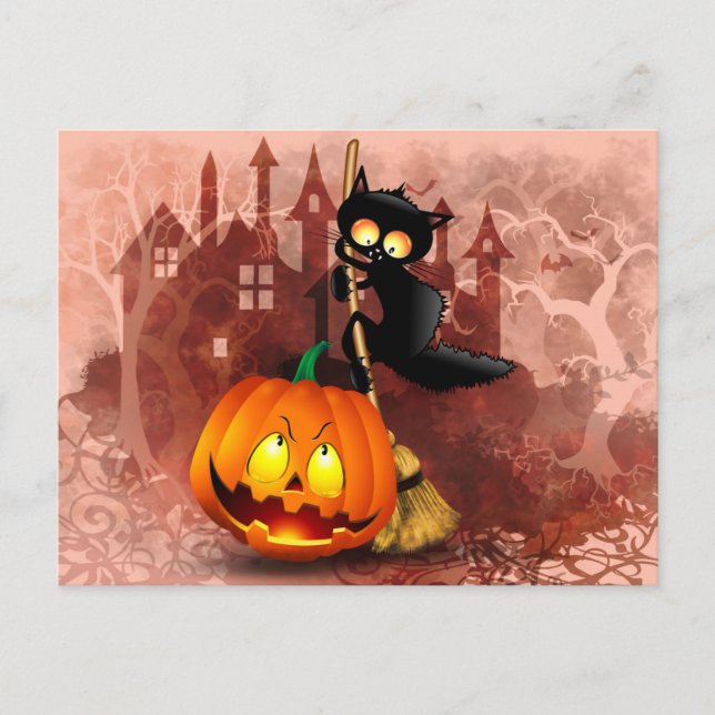Cat Scared by Pumpkin Fun Halloween Charakter Postkarte (Vorderseite)