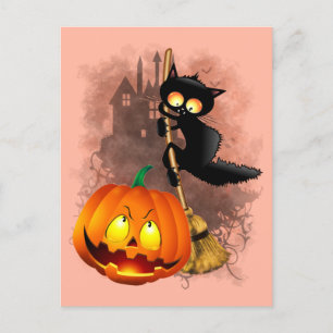 Cat Scared by Pumpkin Fun Halloween Charakter Postkarte