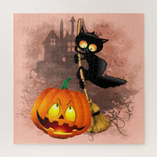 Cat Scared by Pumpkin Fun Halloween Charakter Puzzle