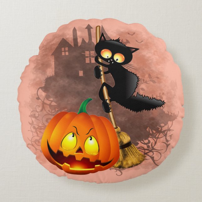 Cat Scared by Pumpkin Fun Halloween Charakter Rundes Kissen (Vorderseite)