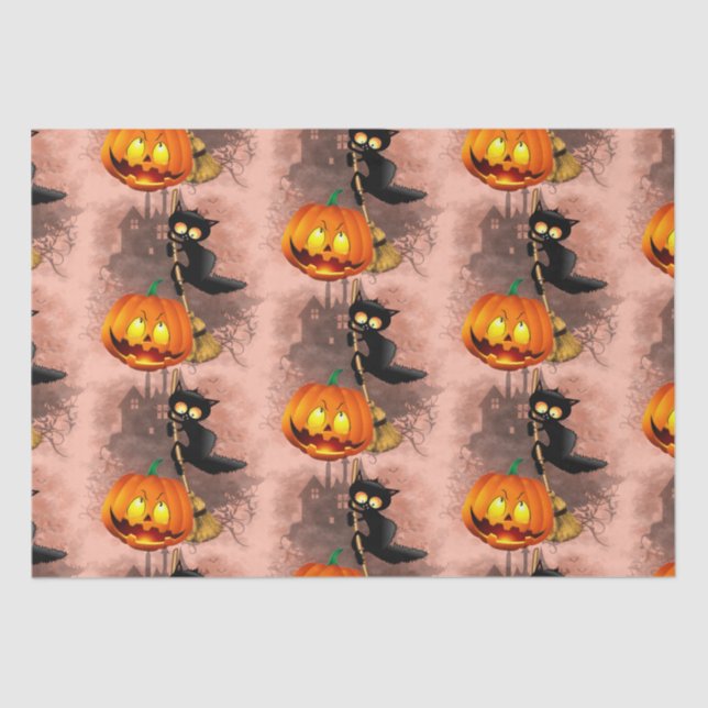 Cat Scared by Pumpkin Fun Halloween Charakter Seidenpapier (Vorderseite)