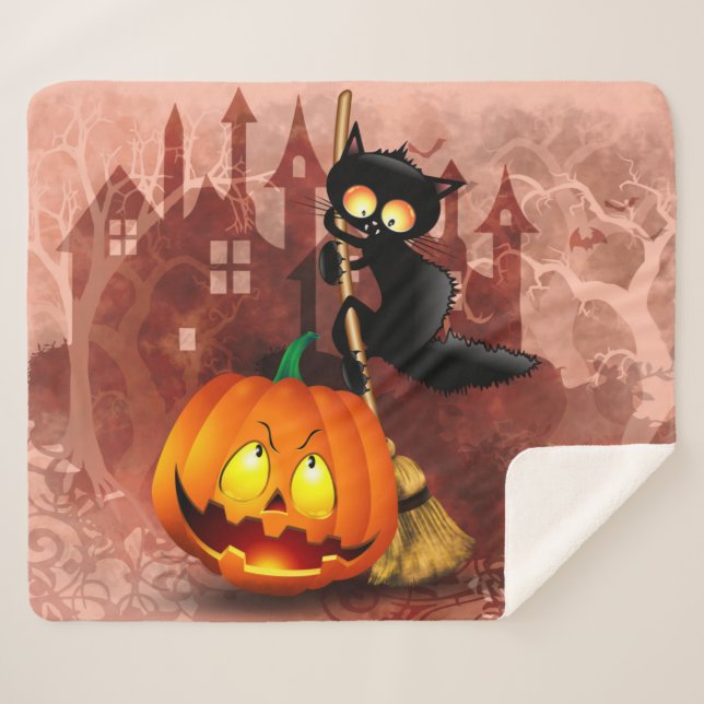 Cat Scared by Pumpkin Fun Halloween Charakter Sherpadecke (Vorderseite (Horizontal))