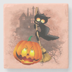 Cat Scared by Pumpkin Fun Halloween Charakter Steinuntersetzer