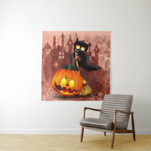 Cat Scared by Pumpkin Fun Halloween Charakter Wandteppich