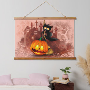 Cat Scared by Pumpkin Fun Halloween Charakter Wandteppich Mit Holzrahmen
