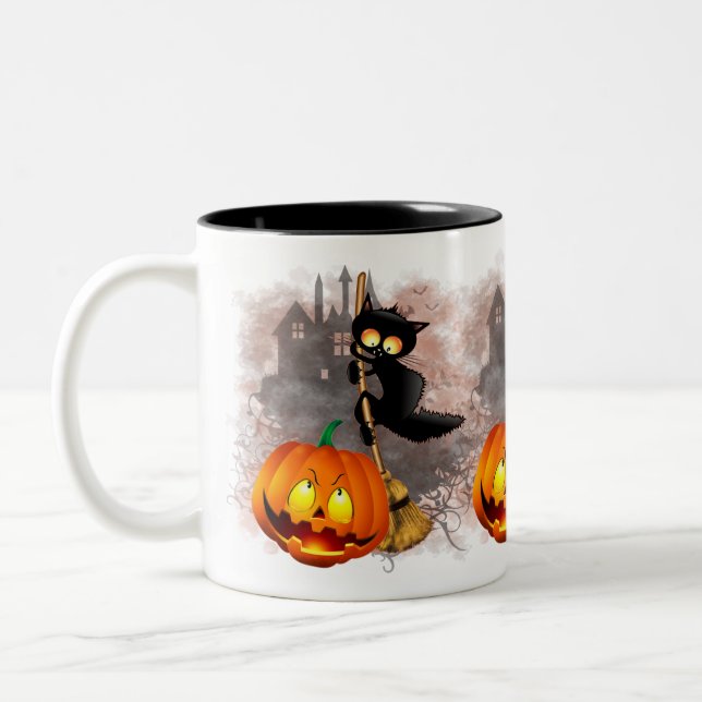 Cat Scared by Pumpkin Fun Halloween Charakter Zweifarbige Tasse (Links)