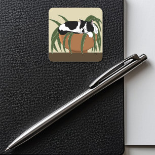 Cat Schwarz-weiß Pflanze Funny Quadratischer Aufkleber