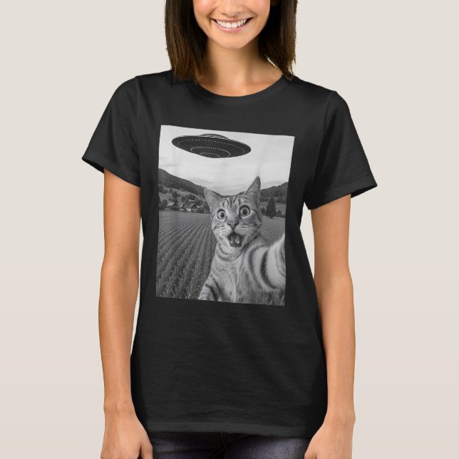 Cat Selfie mit Alien Ufo Funny Cat Funny Alien T-Shirt (Vorderseite)