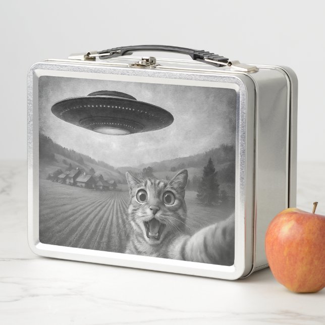 Cat Selfie mit Alien UFO Funny Cat Geschenke Metall Brotdose (Beispiel)
