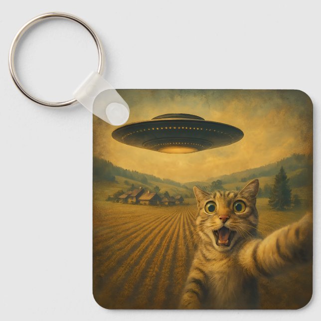 Cat Selfie mit Alien UFO Funny Cat Geschenke Schlüsselanhänger (Vorderseite)