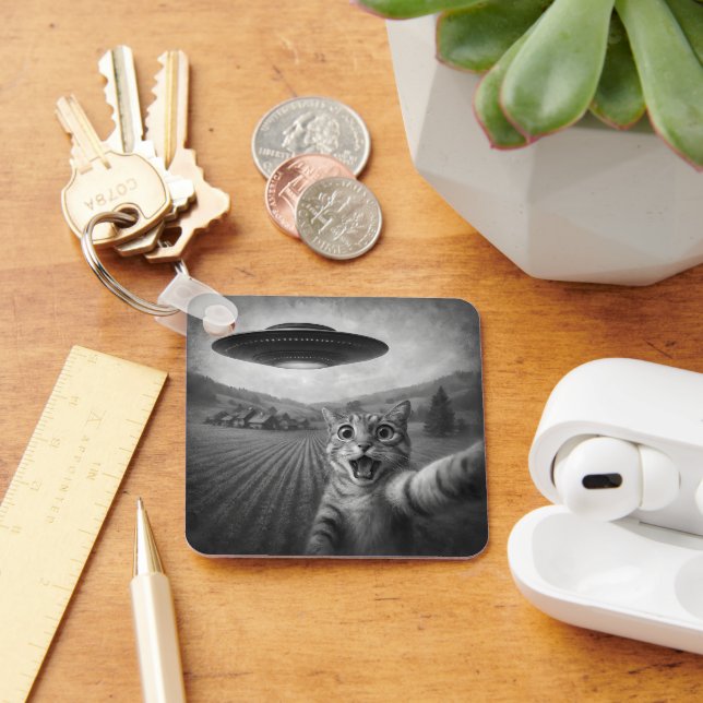 Cat Selfie mit Alien UFO Funny Cat Geschenke Schlüsselanhänger (Schreibtisch)