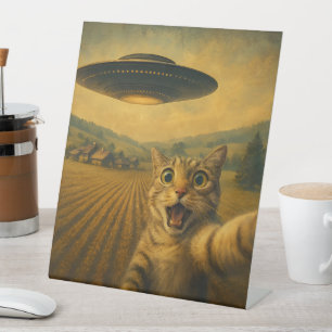 Cat Selfie mit Alien UFO Funny Cat Geschenke Sockelschild