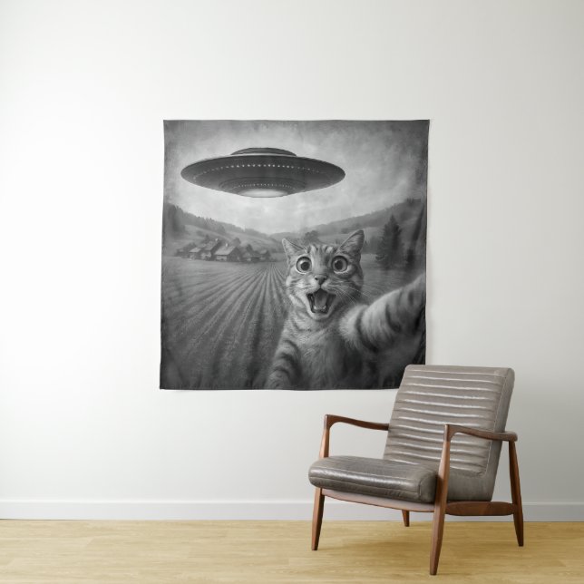 Cat Selfie mit Alien UFO Funny Cat Geschenke Wandteppich (Beispiel)