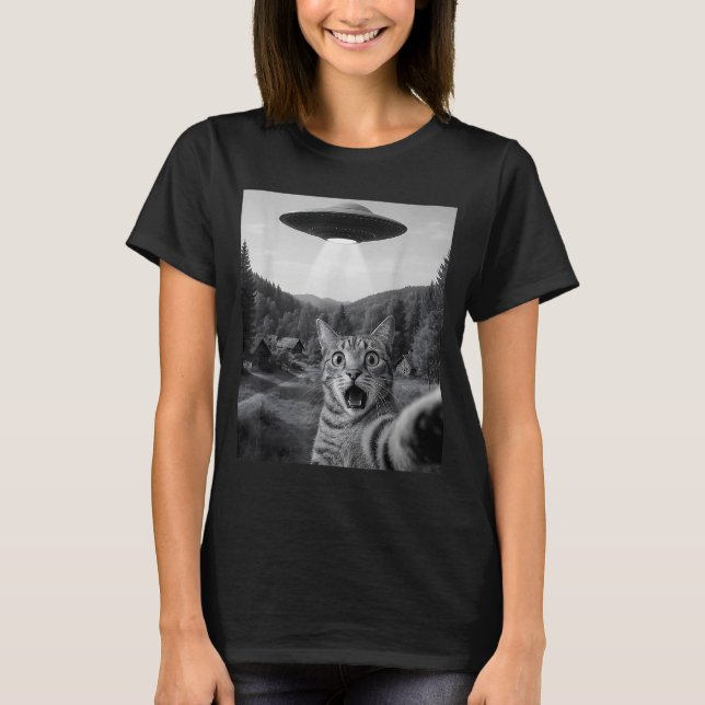 Cat Selfie With Alien Ufo Funny Cat Funny Ed Cat  T-Shirt (Vorderseite)