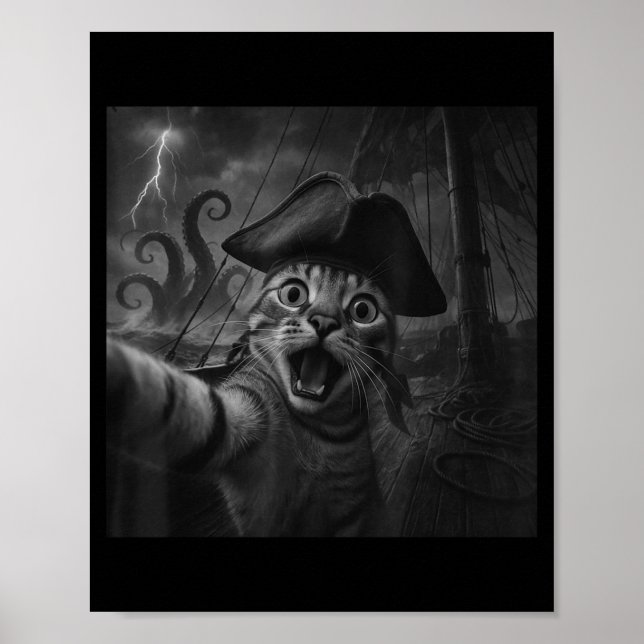 Cat Selfie With Kraken Octopus Funny Meme Men Wome Poster (Vorne)