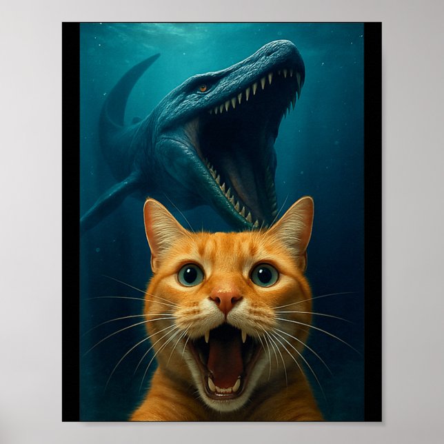 Cat Selfie With Mosasaurus Dinosaur For Boys Kids  Poster (Vorne)