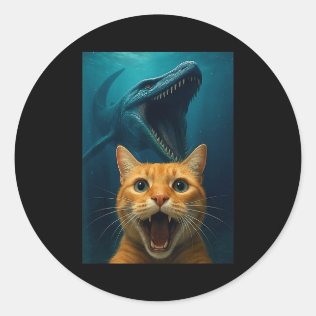 Cat Selfie With Mosasaurus Dinosaur For Boys Kids  Runder Aufkleber (Vorderseite)