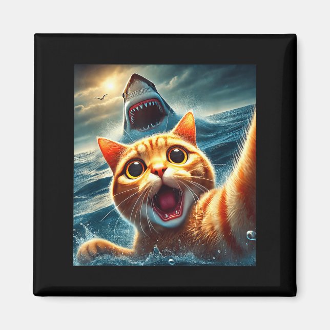 Cat Selfie With Shark Funny  Magnet (Vorne)