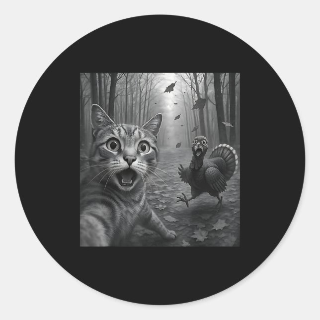 Cat Selfie With Turkey Funny Happy Thanksgiving Da Runder Aufkleber (Vorderseite)