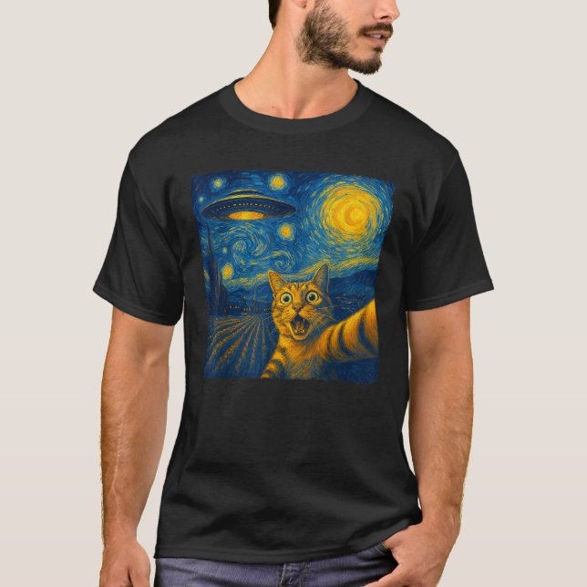 Cat Selfie with UFO Cats Starry Night Van Gogh Men T-Shirt (Vorderseite)