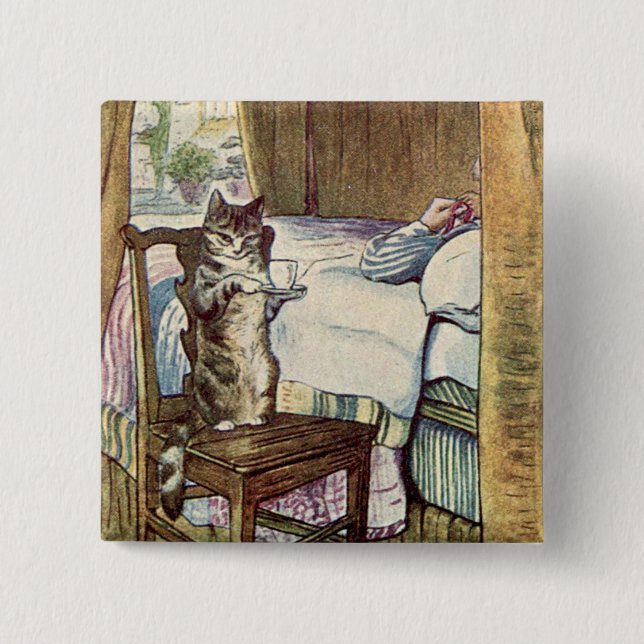 Cat serves Tee - Beatrix Potter Illustriert Button (Vorderseite)