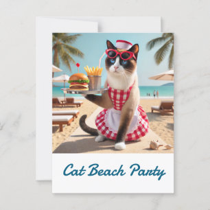 Cat serviert Hamburger für Beach Party Postkarte