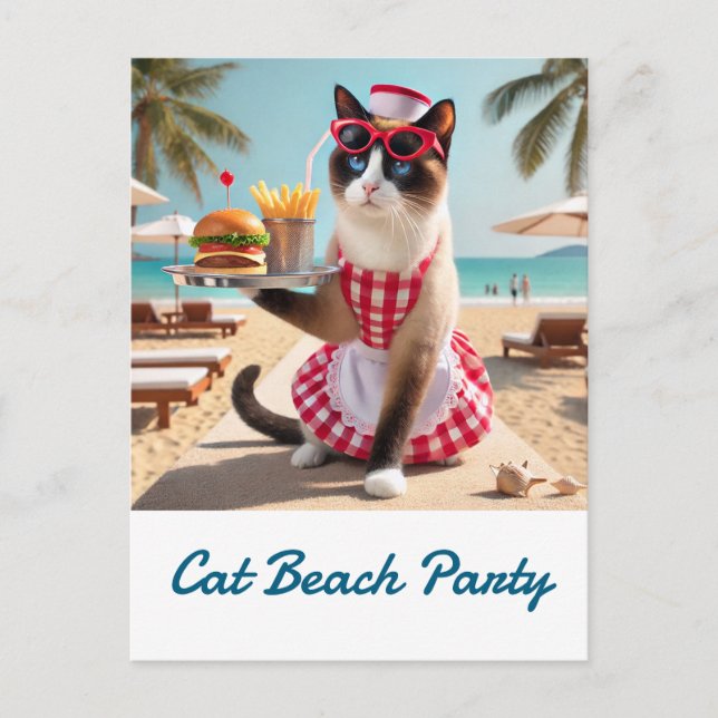 Cat serviert Hamburger für Beach Party Postkarte (Vorderseite)