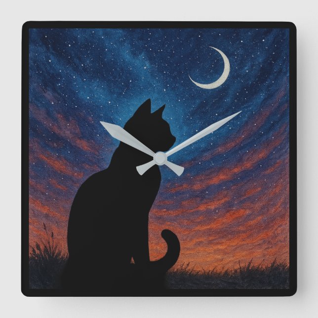 Cat Silhouette - Crescent Moon Night Sky Quadratische Wanduhr (Vorderseite)