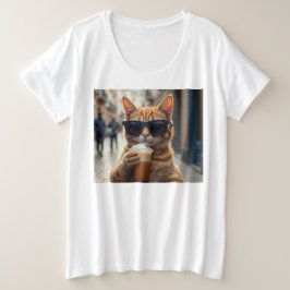 Cat Sipping Coffee On A Street Große Größe T-Shirt