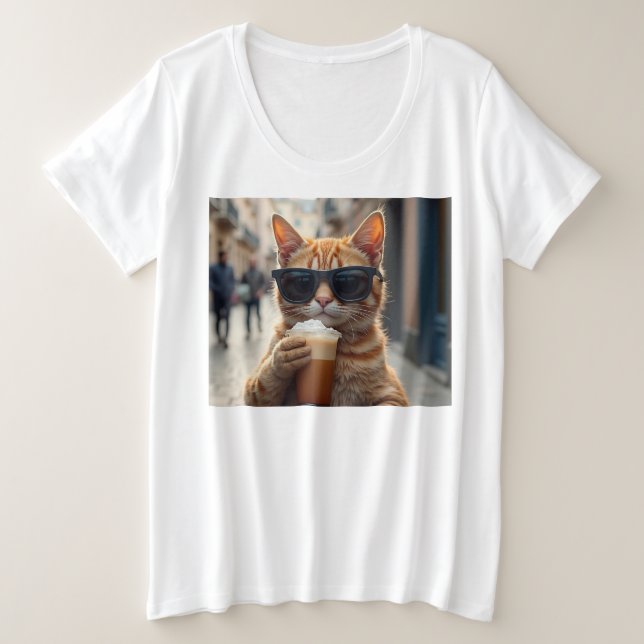 Cat Sipping Coffee On A Street Große Größe T-Shirt (Design vorne)