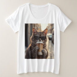 Cat Sipping Coffee On A Street Große Größe T-Shirt