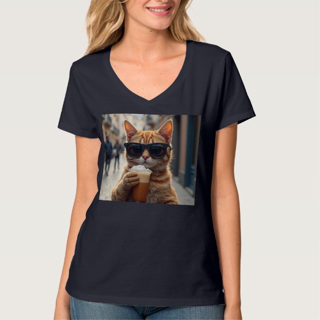 Cat Sipping Coffee On A Street T-Shirt (Vorderseite)