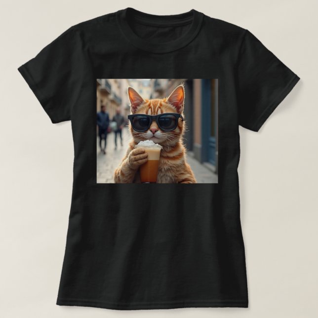 Cat Sipping Coffee On A Street T-Shirt (Design vorne)