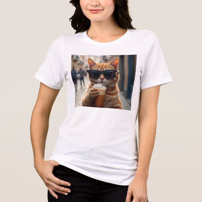 Cat Sipping Coffee On A Street Tri-Blend Shirt (Vorderseite)