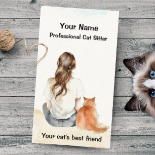Cat Sitter Girl mit Cat Watercolor Business Card Visitenkarte