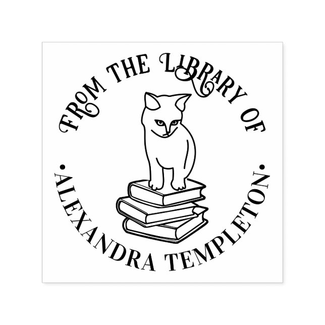 Cat Sitting on Books #4 "From the Library" Name Permastempel (Design)