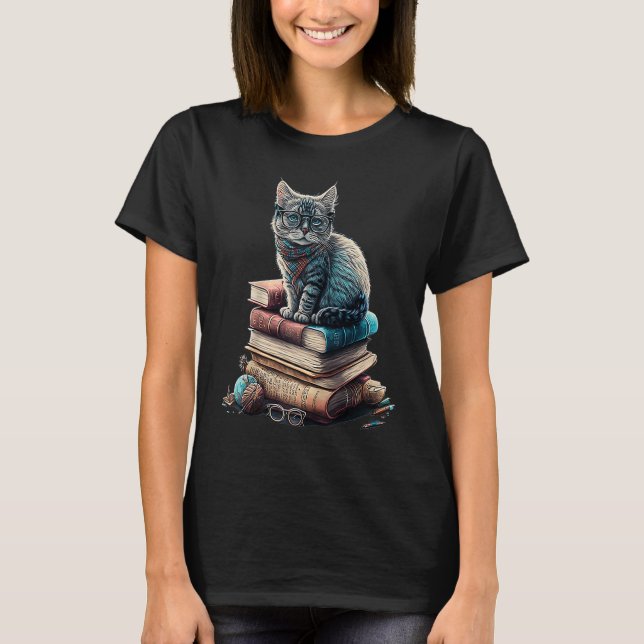 Cat Sitting On Books Cute Librarian Book Nerd Book T-Shirt (Vorderseite)