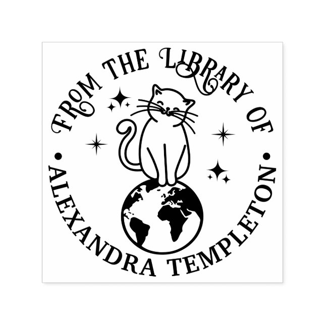 Cat Sitting on Top World #1 Library Book Name Permastempel (Design)