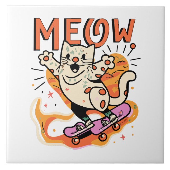 Cat Skaten Meow Fliese (Vorderseite)