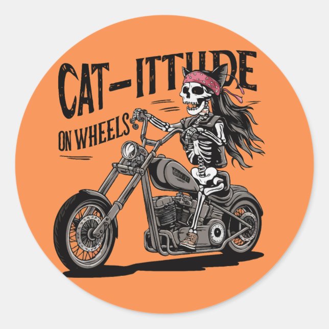 Cat Skeleton Reiten einer Motorradkatzenuppe, auf  Runder Aufkleber (Vorderseite)