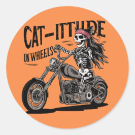 Cat Skeleton Reiten einer Motorradkatzenuppe, auf  Runder Aufkleber
