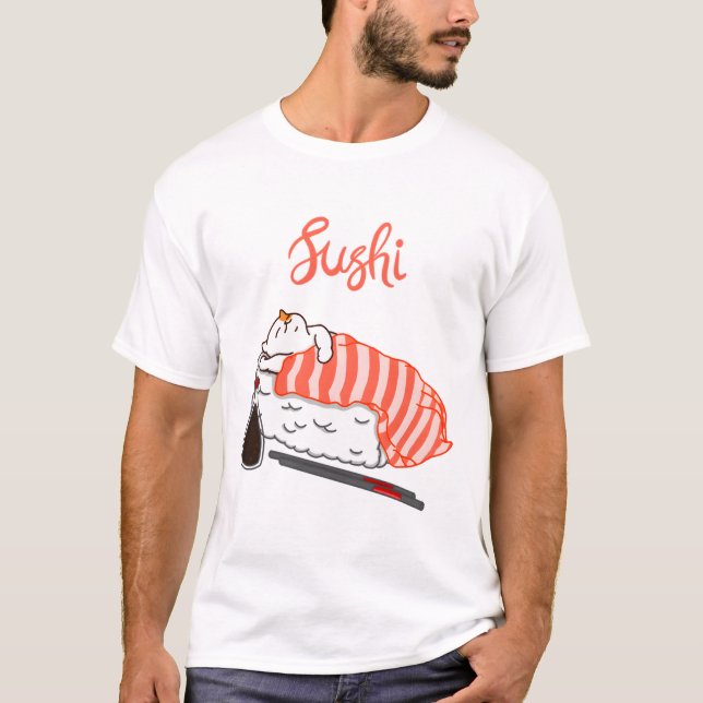 Cat Sleeping auf Sushi T-Shirt (Vorderseite)